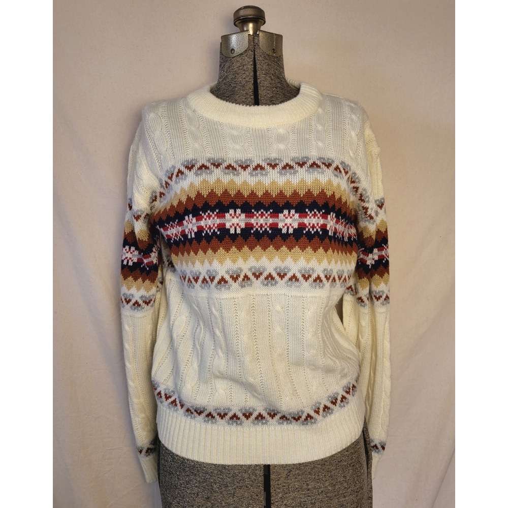 Vintage 70s Jc Penney Sweater Ski Fair Isle‎ Cream Pattern Acrylic Mens M